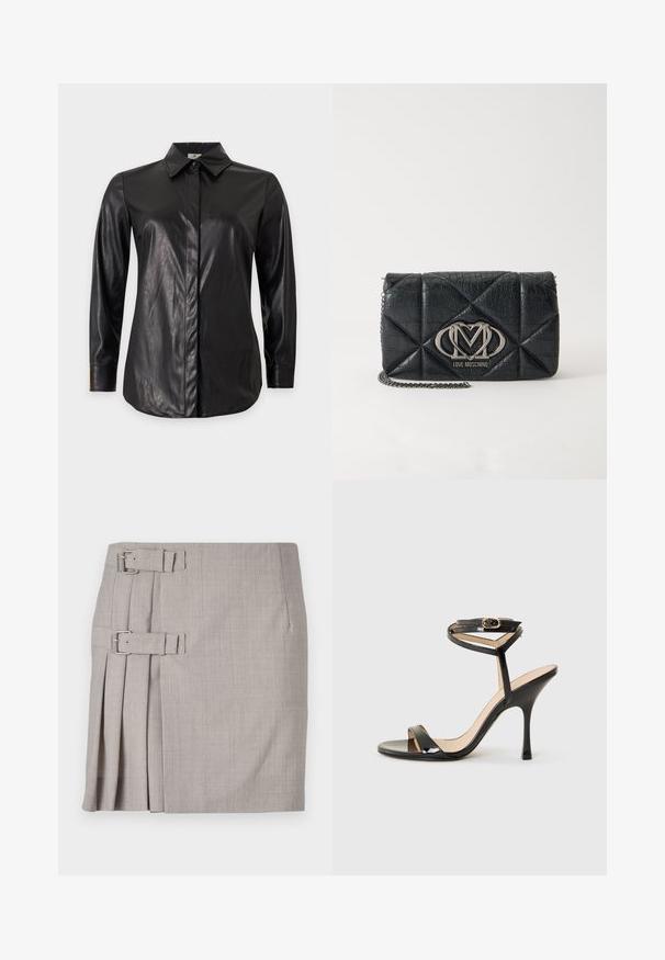 Camisa negra de manga larga de cuero sintético con cuello puntiagudo y tapeta de botones oculta, mostrada sobre un fondo liso.; Falda gris con tela texturizada, pliegues laterales y dos hebillas para un ajuste ajustable. Forma clásica recta, diseño a la altura de la rodilla.; Sandalia de tacón alto de charol negro con tira delgada en el tobillo y hebilla, punta abierta y tacón aguja esbelto sobre fondo blanco.; Love Moschino SMART DAILY BAG - Bandolera - black