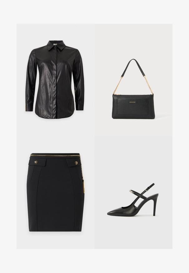 Camisa negra de manga larga de cuero sintético con cuello puntiagudo y tapeta de botones oculta, mostrada sobre un fondo liso.; Falda negra ajustada con bolsillos delanteros con solapa, botones decorativos en dorado y un cinturón delgado de cadena dorada con un borlas en el lado derecho.; Tacones altos slingback de cuero negro con punta afilada, diseño con recortes y correa ajustable con herrajes metálicos.; Clutch de cuero negro con textura de guijarro, correa de cadena dorada y un bolsillo frontal. Presenta un logo dorado en la parte delantera.