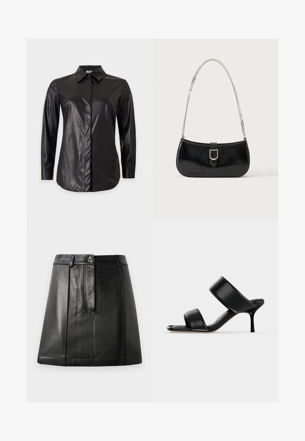 Chemise noire à manches longues en similicuir avec col pointu et patte de boutonnage dissimulée, présentée sur un fond uni.; Jupe en cuir noir avec une forme structurée, dotée d'une poche avant et d'un accent métallique à la taille. Texture lisse et détails de couture.; Sandale mule en cuir noir avec deux larges brides et un talon stiletto fin de hauteur moyenne sur un fond clair uni.; Sac à épaule en cuir verni noir avec détail de boucle argentée et bandoulière en chaîne argentée, présenté sur un fond uni clair.