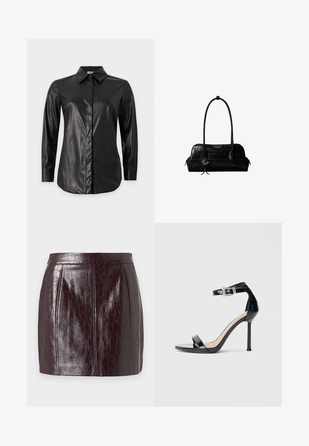 Camisa negra de manga larga de cuero sintético con cuello puntiagudo y tapeta de botones oculta, mostrada sobre un fondo liso.; Falda de poliéster de color burdeos con un patrón texturizado de cocodrilo, que presenta una cintura alta y dos costuras verticales para darle estructura.; Sandalia de tacón alto en piel sintética negra con correa en el tobillo. Presenta un diseño minimalista, punta abierta y una hebilla con detalles de pedrería.; Bolso de hombro negro de cuero con textura de cocodrilo, con correas largas y un pequeño colgante de logo plateado en una correa.