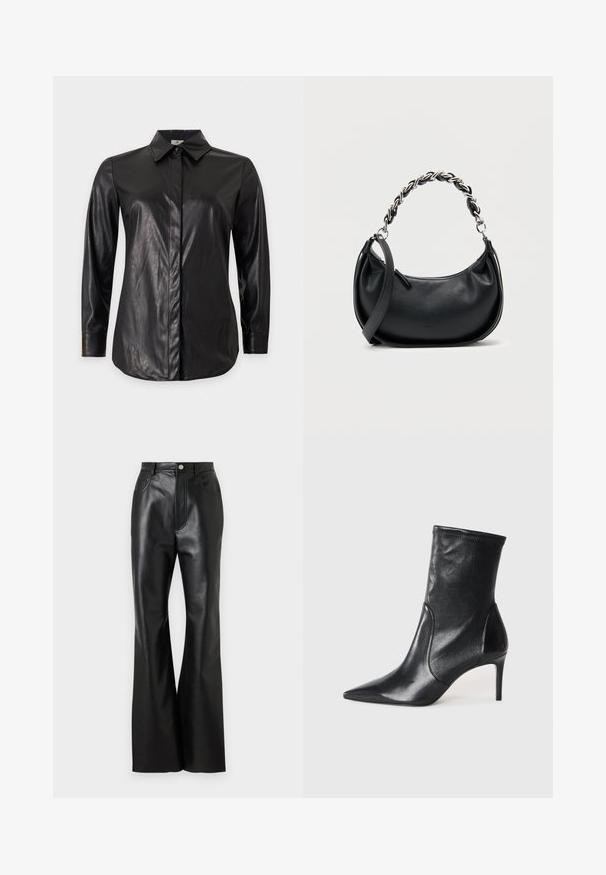 Chemise noire à manches longues en similicuir avec col pointu et patte de boutonnage dissimulée, présentée sur un fond uni.; Pantalons évasés en cuir noir avec une finition soignée, poches avant et couture contrastante. Comprend une fermeture à bouton et une taille structurée.; Bottes noires à la cheville en cuir lisse, dotées d'un bout pointu, d'un tige ajustée et d'un talon haut fin. Design minimaliste sans quincaillerie visible.; Sac à main en cuir noir de forme arrondie, avec une double bandoulière comprenant une grosse chaîne en argent, et une fermeture supérieure zippée. Texture lisse.