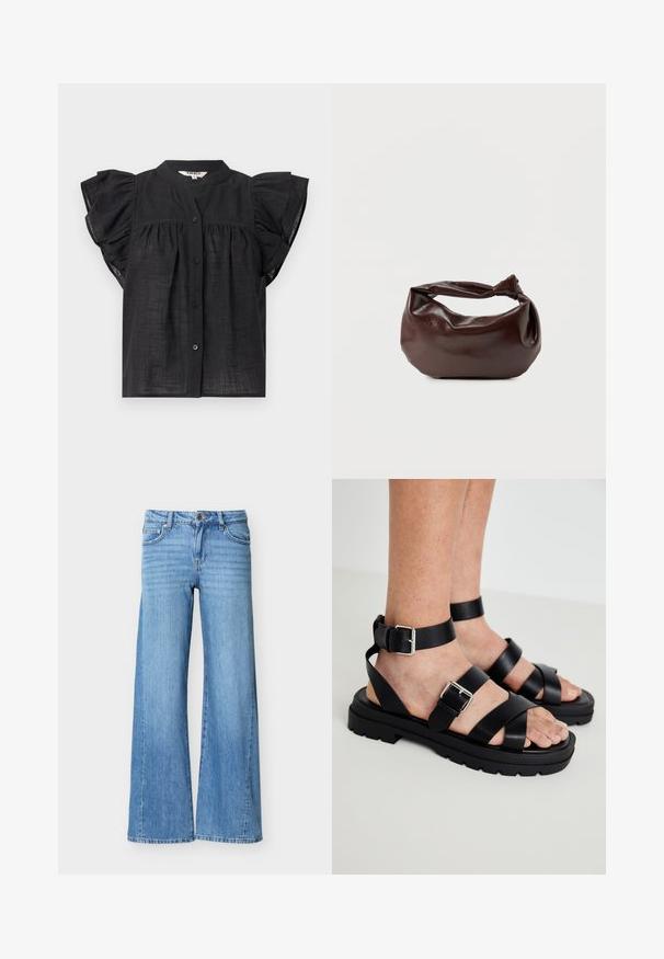 Zwarte blouse met korte mouwen met ruches, knoopsluiting aan de voorkant, geplooide details onder de borst en een ronde halslijn.; Lichtblauwe denim jeans met een hoge taille, knoop- en ritssluiting, voorzakken en wijde pijpen.; Zwarte leren sandalen met brede banden en een enkelgesp. Stevige zool met een getextureerde afwerking. Open teenontwerp voor ademend vermogen.; Donkerbruine leren schoudertas met een zachte, slungelige vorm en een gedraaide knoopvormige handgreep op een effen witte achtergrond.