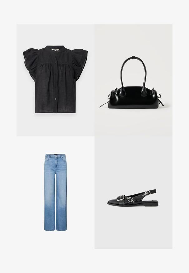 Zwarte blouse met korte mouwen met ruches, knoopsluiting aan de voorkant, geplooide details onder de borst en een ronde halslijn.; Lichtblauwe jeans met hoge taille en wijde pijpen, voorzien van een knoop- en ritssluiting aan de voorkant, riemlussen en vervaagde details op de dijen en knieën.; Zwart leren slingback schoen met een spitse neus, twee zilveren gespen en een lage blokhak. Bevat een gemêleerde bovenkant en een open achterkant.; Kleine zwarte glanzende handtas met twee lange hengsels en zijkant trekkoord details op een effen lichte achtergrond.