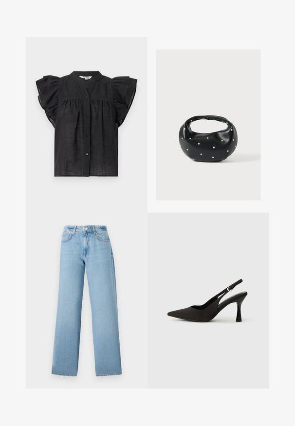 Zwarte blouse met korte mouwen met ruches, knoopsluiting aan de voorkant, geplooide details onder de borst en een ronde halslijn.; Lichtblauwe wijde jeans gemaakt van denim, met een hoge taille, vijfzakken ontwerp en een knoopsluiting met een ritssluiting.; Zwarte slingback hakken met een spitse neus, een gladde matte afwerking en een slanke, glanzende hak. Verstelbare band met een klein gespdetail.; Zwarte leren handtas met een afgeronde vorm, versierd met zilveren studs, en een korte handgreep. Gladde textuur en ritsluiting.