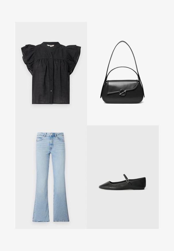 Zwarte blouse met korte mouwen met ruches, knoopsluiting aan de voorkant, geplooide details onder de borst en een ronde halslijn.; Lichtblauwe uitlopende jeans van denim. Heeft een hoge taille, een traditionele vijf-pocketontwerp en een licht vervaagde textuur.; Zwarte leren ballerina's met een spitze neus, platte zool en een kleine gespsluiting rond de enkel voor een veilige pasvorm.; Zwarte leren schoudertas met een gebogen klep die is bevestigd met een ronde metalen sluiting en een smalle, verstelbare band.