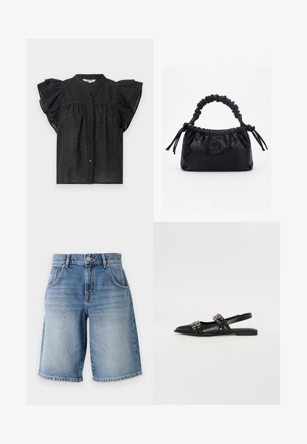 Sort kortærmet bluse med flæseærmer, knaplukning foran, rynkede detaljer under brystet og en rund halsudskæring.; Lysblå denimshorts med lige pasform, fem lommer og bronzefarvet hardware. Har en rå kant og en falmet vaskemæssig struktur.; Even&Odd by Zalando Slingback-ballerinasko - black; Sort taske med krokodilletekstur, rynket øverste kant, samlet hank og snore med kvaster på hver side mod en hvid baggrund.