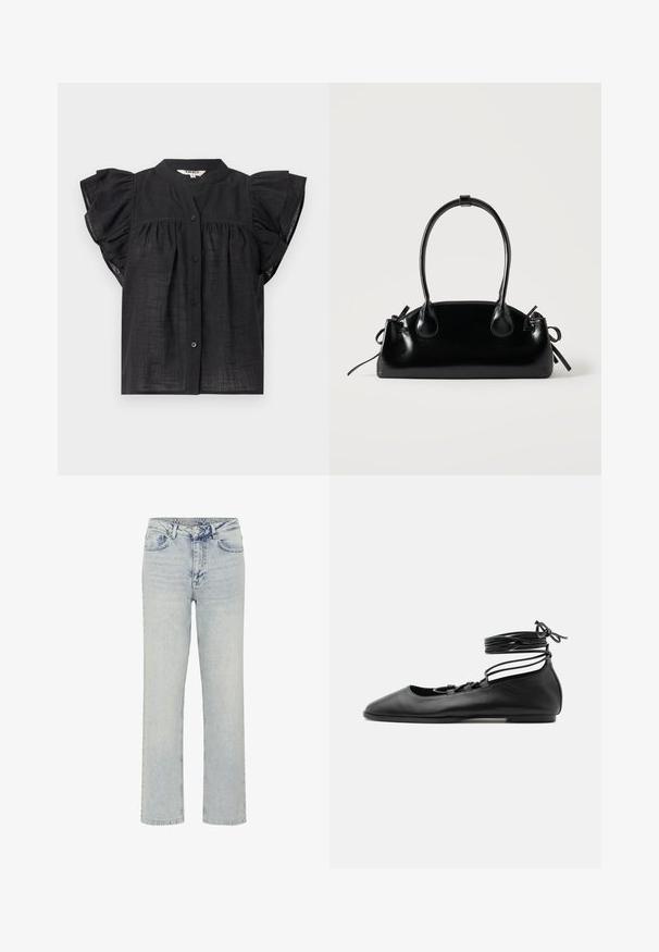 Zwarte blouse met korte mouwen met ruches, knoopsluiting aan de voorkant, geplooide details onder de borst en een ronde halslijn.; My Essential Wardrobe WIDE 05 THE LOUIS 139 - Relaxed fit jeans - light blue dirty wash; Zwarte leren platte ballerinaschoen met een puntige neus, meerdere dunne bandjes over de bovenkant en veterstrikjes die rond de enkel zijn gewikkeld.; Kleine zwarte glanzende handtas met twee lange hengsels en zijkant trekkoord details op een effen lichte achtergrond.