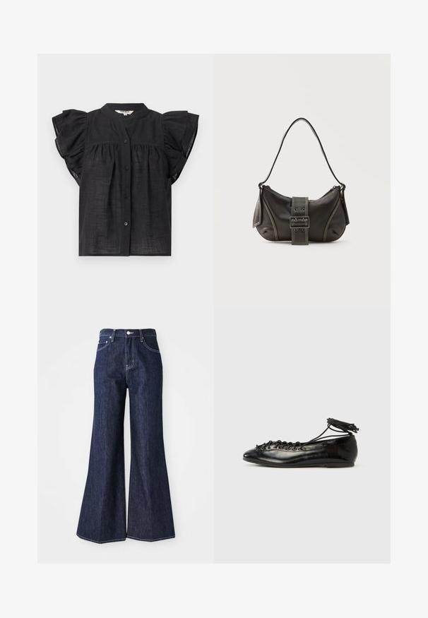 Sort kortærmet bluse med flæseærmer, knaplukning foran, rynkede detaljer under brystet og en rund halsudskæring.; Mørke denim flared jeans med høj talje, der har knap- og lynlåslukning. Hvide syninger og brede ben skaber en struktureret silhuet.; Sorte balletflade sko i laklæder med rundet tå, snørelukning og flad sål. Glat tekstur med få detaljer.; Sort læder skuldertaske med spænde på remmen, afrundede kanter og kontrasterende hvide syninger på en ensfarvet baggrund.