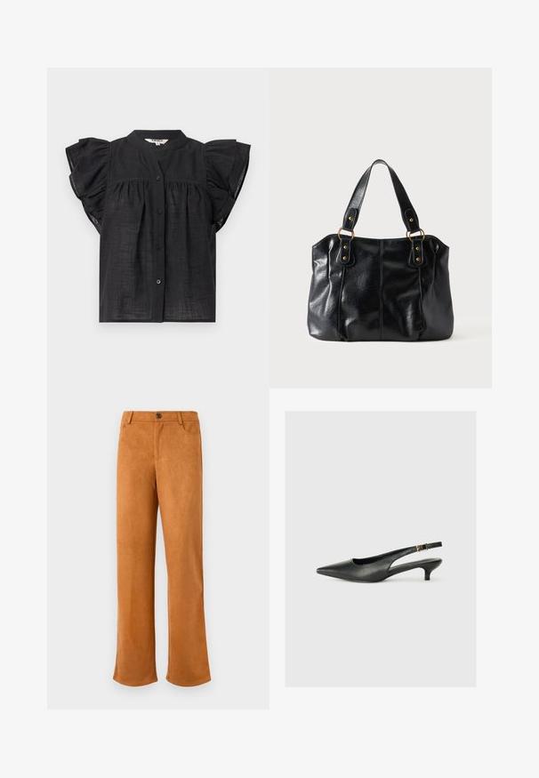 Blouse noire à manches courtes avec manches volantées, fermeture boutonnée devant, détails plissés sous la poitrine et encolure ronde.; Pantalons en cuir suédé marron avec une coupe droite, dotés d'une fermeture éclair, d'un bouton de fermeture et de poches avant classiques. Texture douce et couleur unie.; Chaussure slingback noire à bout pointu en cuir lisse. Présente un talon fin et un détail de boucle sur la sangle réglable.; Sac à épaule en cuir noir avec double anses attachées par des anneaux et rivets dorés, surface lisse et légèrement brillante, design simple.