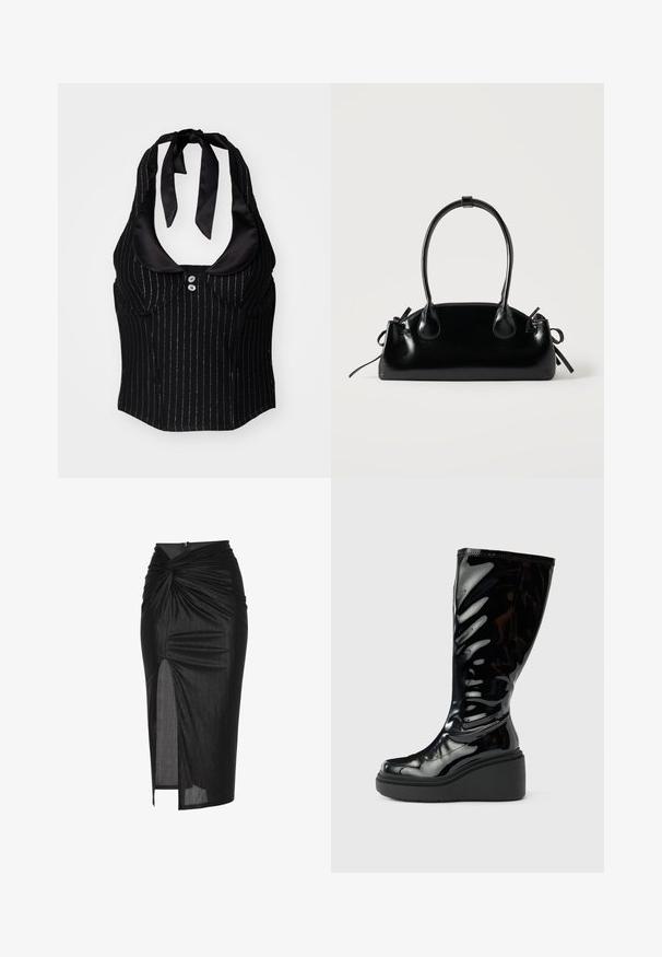 Sort halterneck top med satin-krave, stikleret design, frontknapper og tætsiddende form. Har bånd bag på nakken.; Sort midi nederdel lavet af strækbart stof, med et snoet frontdesign, sideslids og lynlåslukning bagpå.; Sort blank knæhøj støvle med glat tekstur, rund tå og tyk platformsål. Har et diskret bølgedesign på skaftet.; Lille sort blank håndtaske med to lange håndtag og snøre-detaljer i siden på en ensfarvet lys baggrund.