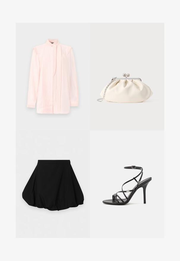 Blouse rose clair à manches longues avec des plis verticaux sur le devant, col haut avec bouton, et des détails subtils de fronces aux épaules.; Jupe courte noire en tissu bouffant avec une taille cintrée et un ourlet volumineux froncé, sur un fond uni.; Sandale noire à talons hauts avec des brides fines, une boucle à la cheville, une surface en cuir lisse et un talon aiguille élancé.; Pochette en tissu crème avec un design froncé, cadre en métal argenté, deux boules décoratives, et une bandoulière chaîne argentée.