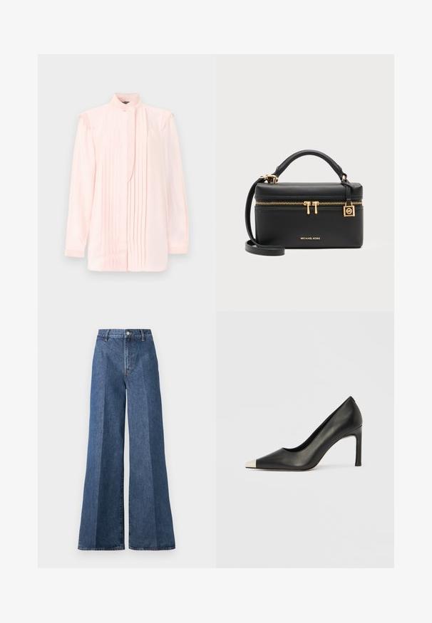 Hellrosa langärmlige Bluse mit vertikalen Falten an der Vorderseite, hohem Kragen mit Knopf und dezenten, gerafften Details an den Schultern.; Weite blaue Jeans mit hoher Taille, im klassischen Five-Pocket-Stil und mit Knopfverschluss, aus strukturierter Baumwollstoff gefertigt.; Schwarzer Lederschuh mit hohem Absatz, spitz zulaufender Zehenpartie und metallischer silberner Spitze. Verfügt über eine glatte Oberfläche und einen schlanken 10 cm hohen Absatz.; Schwarze rechteckige Michael Kors Handtasche mit oberem Griff, goldenem Reißverschluss und Logo sowie abnehmbarem Schulterriemen auf grauem Hintergrund.