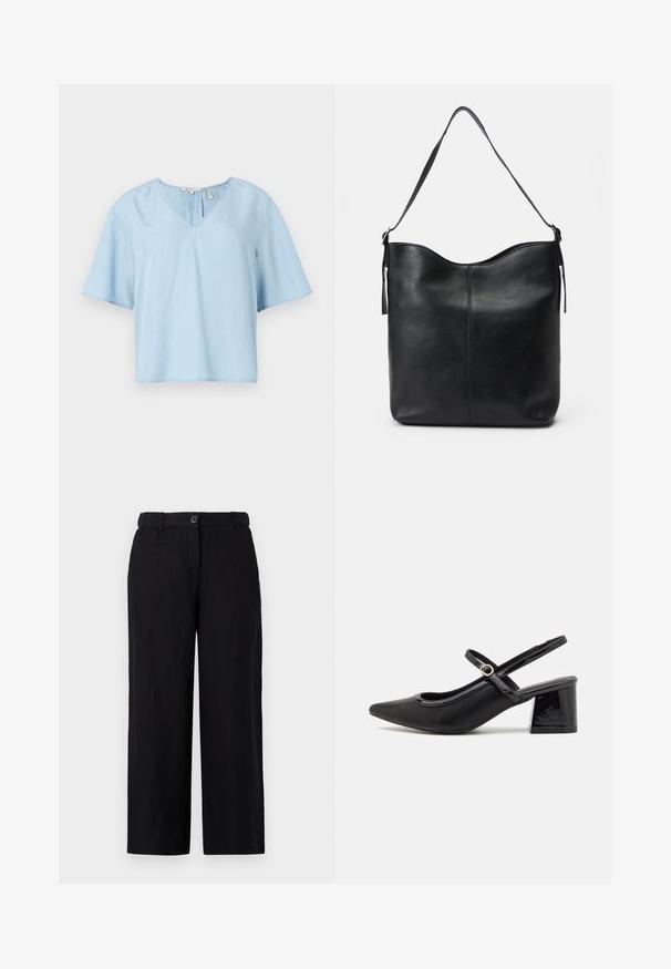 Top de manga corta azul claro hecho de una tela suave. Presenta un diseño de cuello en V, una forma relajada y costuras visibles en el dobladillo.; Pantalones de pierna ancha negros, hechos de una tela ligera, con cierre de botón en la parte frontal y trabillas para cinturón. Textura suave sin patrones visibles.; Tacones slingback de charol negro con punta afilada, un diseño de corte redondeado y tacón bloque. Incluye un detalle de hebilla en tono dorado.; Bolso de hombro de piel negra con textura suave, parte superior redondeada, asa única y diseño minimalista sin herrajes visibles.
