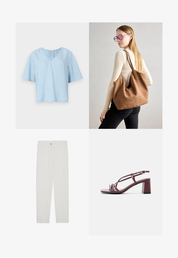 Haut à manches courtes bleu clair en tissu doux. Présente un design à col en V, une coupe décontractée et des coutures visibles au niveau de l'ourlet.; Pantalon blanc sur mesure avec une coupe droite, doté d'une fermeture à bouton, de passants de ceinture et de poches latérales ; texture de tissu lisse.; Sandale ouverte en cuir violet avec talon bloc, fines lanières croisées et boucle réglable à la cheville sur fond blanc.; Sac fourre-tout en daim marron avec une texture douce, grande ouverture et longues sangles. Présente un design simple avec des coutures visibles et sans matériel.