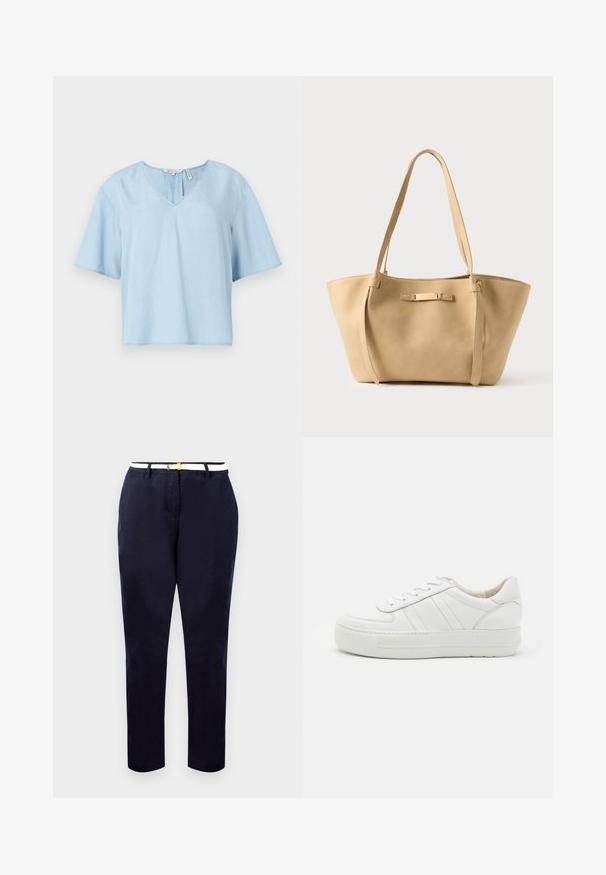 Lichtblauw kortemouwen top van zachte stof. Heeft een V-hals ontwerp, een ontspannen vorm en zichtbare steken aan de zoom.; Marineblauwe chinos met een slim fit, van katoen, en een witte riem met een goudkleurige gesp. Gladde textuur, rechte pijpen, minimalistisch design.; Witte leren sneaker met een textuur bovenkant, gewatteerde kraag en platte rubberen zool. Heeft subtiele stiksels en een klassieke vetersluiting.; Beige leren totebag met twee lange riemen, gladde textuur en een subtiel metalen accent aan de voorkant. Open ontwerp aan de bovenkant, ruim interieur.
