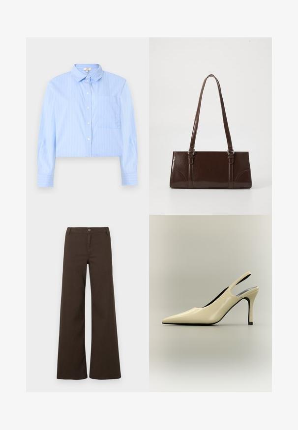Chemise courte bleu clair à rayures verticales blanches fines, manches longues, col et poche poitrine.; Pantalons larges taille haute marron foncé avec fermeture à bouton et passants de ceinture, présentés sur un fond blanc uni.; Escarpin slingback beige à bout pointu, talon fin et finition brillante sur fond neutre.; Sac à main en cuir verni marron de forme rectangulaire, avec deux longues poignées et des accents courbés subtils à l'avant.