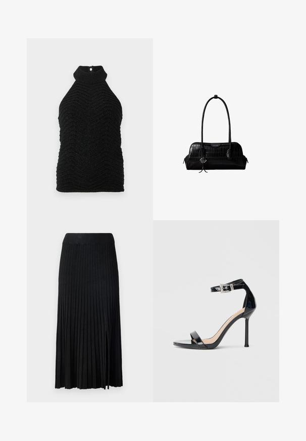 Haut sans manches noir en tricot à col roulé avec un motif en chevron texturé et un subtil éclat, posé à plat sur un fond blanc.; Jupe midi plissée noire avec ceinture côtelée, présentant un tissu texturé, une fente latérale et des lignes verticales sur l'ensemble du design.; Sandale à talon haut en cuir verni noir avec bride à la cheville. Présente un design minimaliste, un bout ouvert et une boucle ornée de strass.; Sac à épaule en cuir noir à texture crocodile, avec de longues sangles et un petit charm logo argenté sur une sangle.