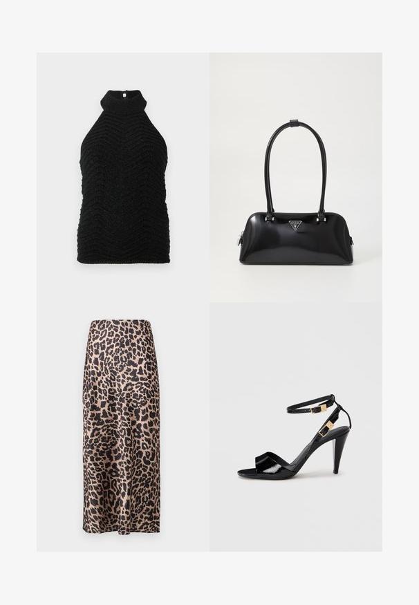 Sort strikket ærmeløst tætsiddende bluse med chevron-struktur og diskret glans, lagt fladt på en hvid baggrund.; Leopardprint satin nederdel med høj talje, knælang silhuet, blank tekstur og en flydende design.; Sorte patentlæder højhælede sandaler med dobbelte ankelremme og guldspænder, åben tå og slank taperet hæl på neutral baggrund.; Sort glanshandtaske med en buet silhuet, to håndtag og en frontlogo-plakette. Lynlås lukning og skinnende hardware-detaljer.