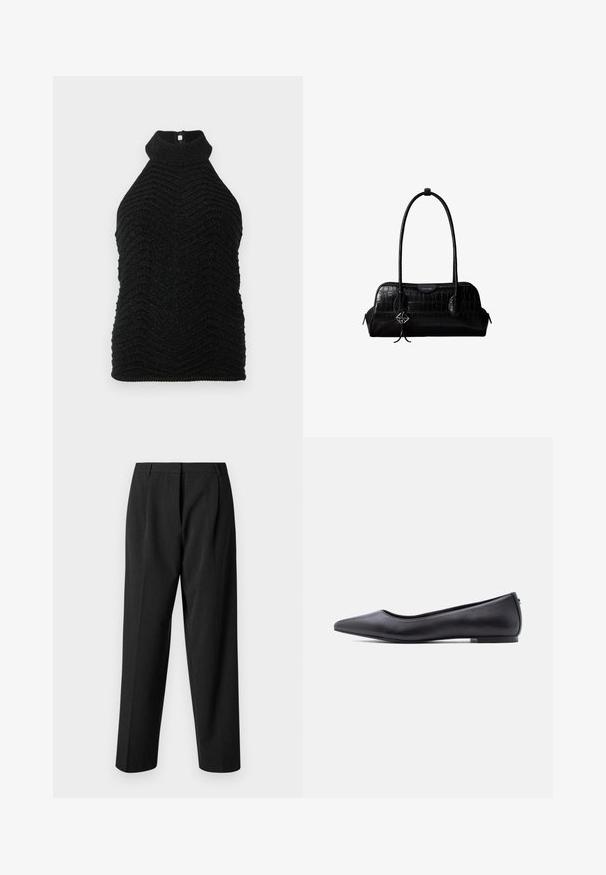 Top sin mangas de punto negro con cuello de tortuga, con patrón de chevrón texturizado y un sutil brillo, colocado sobre un fondo blanco.; Pantalones negros a medida con un diseño de pierna recta, que presentan una tela texturada, pliegues frontales y una cinturilla suave.; Zapato plano de cuero negro con punta puntiaguda y tacón bajo, mostrado de perfil contra un fondo blanco.; Bolso de hombro negro de cuero con textura de cocodrilo, con correas largas y un pequeño colgante de logo plateado en una correa.
