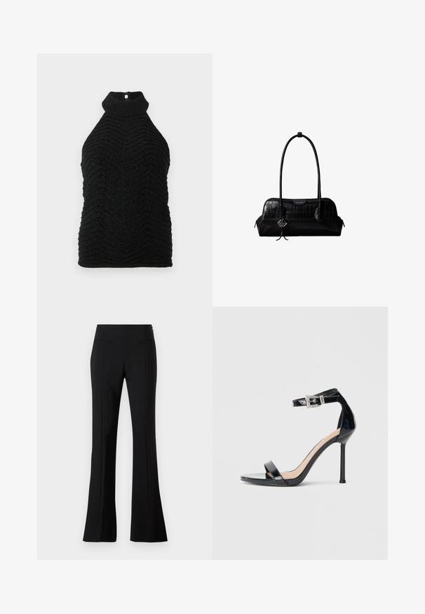 Haut sans manches noir en tricot à col roulé avec un motif en chevron texturé et un subtil éclat, posé à plat sur un fond blanc.; Pantalons évasés noirs en tissu lisse avec une taille haute, dotés de deux poches arrière et d'un pli sur le devant de chaque jambe.; Sandale à talon haut en cuir verni noir avec bride à la cheville. Présente un design minimaliste, un bout ouvert et une boucle ornée de strass.; Sac à épaule en cuir noir à texture crocodile, avec de longues sangles et un petit charm logo argenté sur une sangle.
