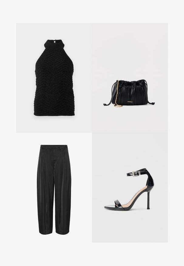 Haut sans manches noir en tricot à col roulé avec un motif en chevron texturé et un subtil éclat, posé à plat sur un fond blanc.; Pantalons noirs à jambes larges avec plis sur le devant, passants de ceinture et ajusteurs latéraux à boutons, fabriqués en tissu brillant.; Sandale à talon haut en cuir verni noir avec bride à la cheville. Présente un design minimaliste, un bout ouvert et une boucle ornée de strass.; Sac à main en cuir noir plissé avec cordon de serrage, bandoulière chaîne dorée et petit accent horizontal doré sur le devant.