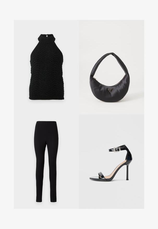 Sort strikket ærmeløst tætsiddende bluse med chevron-struktur og diskret glans, lagt fladt på en hvid baggrund.; Sorte leggings med en tætsiddende design, glat tekstur og lodrette syninger ned langs benene. Ingen synlige lommer eller udsmykninger.; Sort højhælet sandal i laklæder med ankelrem. Har minimalistisk design, åben tå og spænde med rhinsten-detaljer.; Sort satin håndtaske med en buet form, der har en lynlåslukning og et trekantet logo i metal på forsiden. Glat tekstur og slankt design.