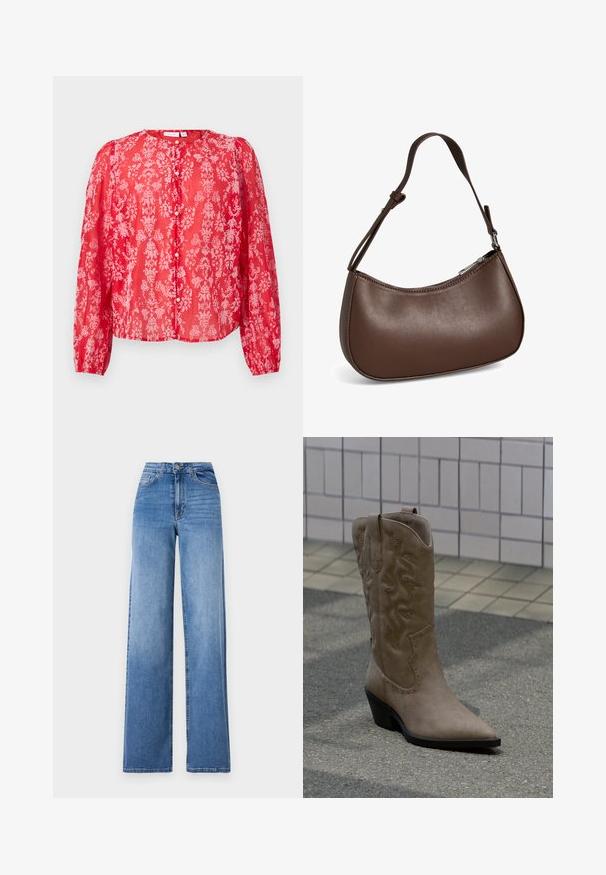 Rote Bluse mit Blumenmuster aus transparenter Stoff, langen Ärmeln, rundem Halsausschnitt und Knopfverschluss; weist pinkfarbene Blumenmuster auf.; Helleblaue, weit geschnittene Jeans aus Denim mit hoher Taille, Vorderaschen und einem normalen Knopfverschluss. Glatte Textur.; Hoher Cowboy-Stiefel aus beigem Wildleder mit dekorativer Naht und Nietenakzenten, ausgestattet mit spitzer Spitze und schrägem schwarzem Absatz auf Asphalt.; Kleine braune Lederschultertasche mit verstellbarem Riemen und Reißverschluss, vor weißem Hintergrund. Kein sichtbares Branding oder Verzierung.