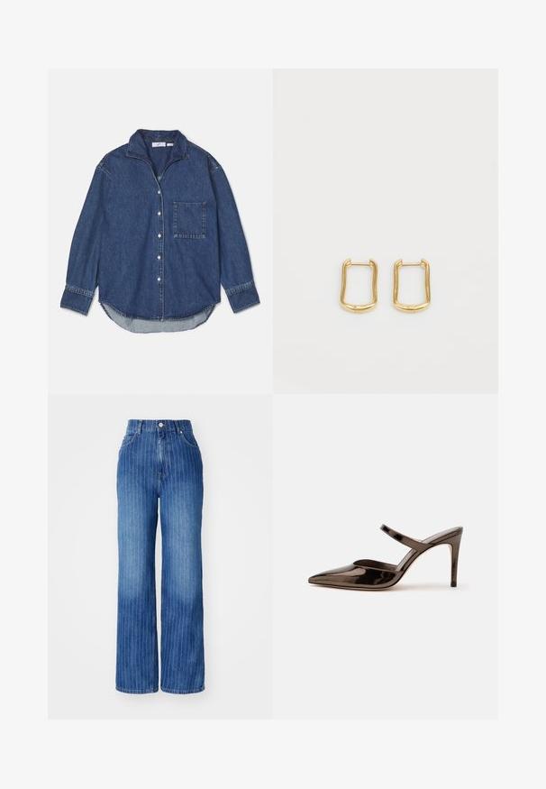 Mørkeblå denimskjorte med krave, knaplukning, enkelt brystlomme og lange ærmer med en buet kant. Blød tekstur.; Blå denim brede bukser med lodrette hvide striber, høj talje og fem-lomme design, med knap- og lynlåslukning.; Skinnende mørkebrune mule med spids tå og høje hæle med en tynd rem over foden på en ensfarvet hvid baggrund.; Guldøreringe med en uregelmæssig rektangulær form, der har en glat tekstur og en subtil glans. Enkel design uden udsmykning.