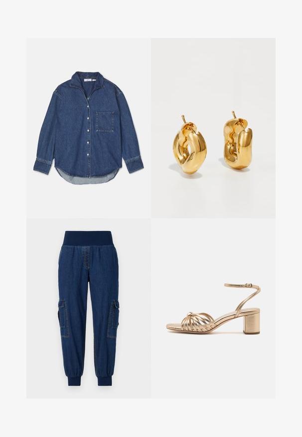 Dunkelblaue Jeanshemd mit Kragen, Knopfverschluss, einer Brusttasche und langen Ärmeln mit abgerundetem Saum. Weiche Textur.; Denim-Jogginghosen mit einem breiten elastischen Bund, zwei seitlichen Cargo-Taschen und gerippten Bündchen; dunkelblaue Farbe mit kontrastierenden Nähten.; Loeffler Randall OLIVIA KNOT MID HEEL - Riemensandalette - champagne; Fette goldene Creolen mit einem leicht verdrehten, röhrenförmigen Design und Steckverschlüssen auf einem weißen Hintergrund.
