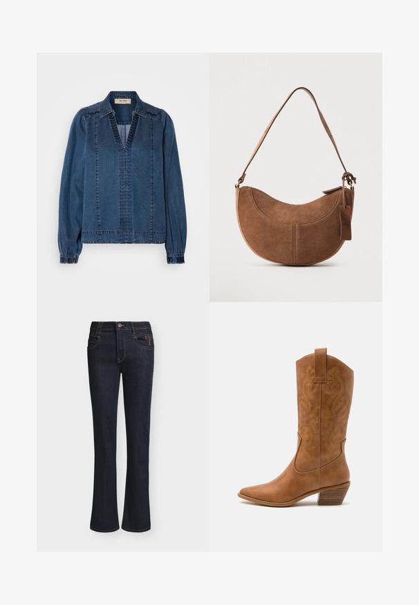 Denimjakke i mørkeblå, med v-hals, sammenfoldede ærmer og teksturerede syninger. Designet med en afslappet pasform og strukturerede skuldre.; Mørkeblå denimjeans med lette vide ben, frontknap og lynlåslukning, forlommer og synlige syningsdetaljer.; Tan læder cowboystøvle med spids tå, broderede svirvelmønstre på skaftet og en stablet blokhæl. Har en træksløjfe for nem af/på.; Brun ruskinds håndtaske med en buet, halvmåneformet silhuet. Har en skulderrem, et lille mærke og synlige sømme langs kanterne.