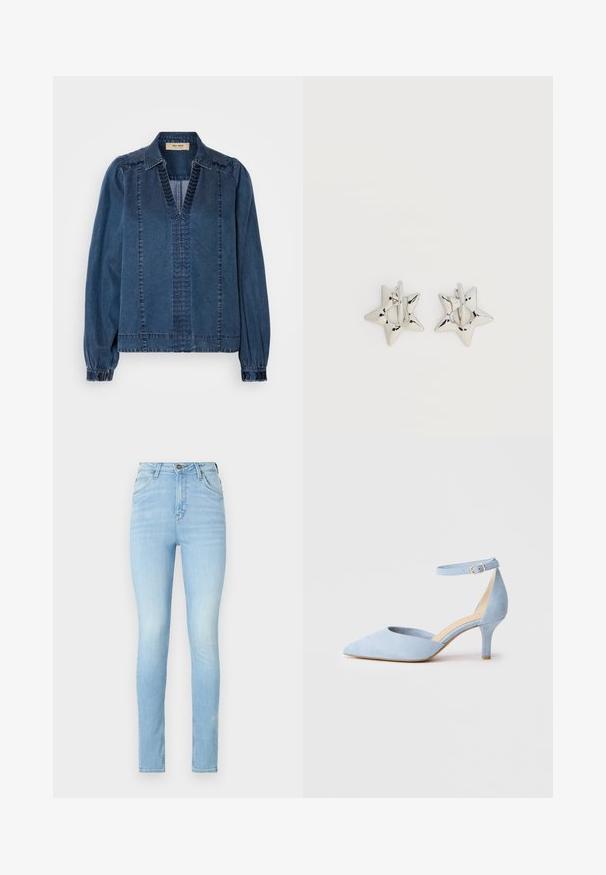 Chaqueta de mezclilla en azul oscuro, con escote en V, mangas fruncidas y detalles de costura texturizada. Diseñada con un ajuste relajado y hombros estructurados.; Jeans ajustados de color azul claro, de tiro alto, confeccionados en denim con una textura suave. Presentan un desgastado y un diseño tradicional de cinco bolsillos.; Zapato de tacón alto de ante azul con punta afilada y una delgada correa en el tobillo, con una plantilla beige y un pequeño tacón de madera.; Pendientes de aro plateados en forma de estrella con un acabado liso y pulido sobre un fondo blanco liso.