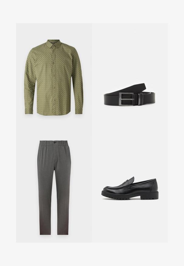 Camisa larga de manga verde con cuello tipo polo, que presenta un patrón de signos más en blanco y botones marrones en la parte delantera. Textura suave.; Pantalones grises con un diseño a medida, que cuentan con una cinturilla elástica, cierre de botón y piernas rectas; hechos de una tela suave y texturizada.; Mocasines de cuero negro con punta redondeada, diseño sin cordones y suela de goma gruesa con agarre texturizado. Tacón elevado y detalles de costura sutiles.; Cinturón de cuero negro con hebilla rectangular de metal plateado, diseño plano y textura suave. Los extremos se estrechan para facilitar el enhebrado.