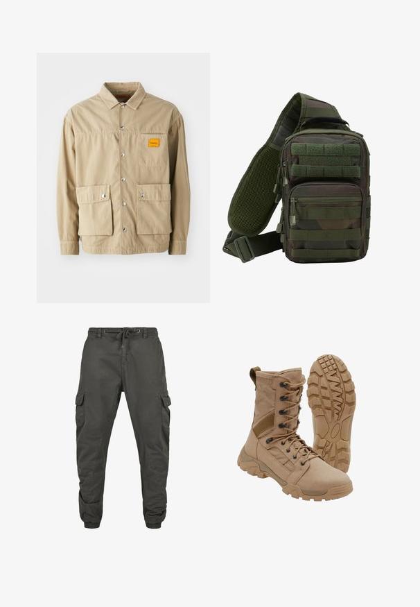 Replay Inc. SHIRT - Chemise - khaki; Pantalons cargo en coton gris foncé avec une taille élastique, cordon de serrage réglable et plusieurs poches latérales. Poignets élastiques aux chevilles.; Botte tactique beige avec un lacet montant à la cheville et une semelle en caoutchouc robuste, une botte debout et une montrant le motif de la semelle.; Sac à dos en bandoulière camouflage vert avec plusieurs poches zippées, une sangle réglable et un panneau arrière en mesh pour la ventilation.