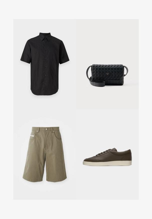Sort kortærmet skjorte med knapper og et diskret diamantmønster samt klassisk krave, vist mod en ensartet lys baggrund.; MOSCHINO TAPE - Shorts - green; Low-top mørkebrun lædersneaker med snørelukning foran og cremefarvet gummisål, vist fra ydersiden mod hvid baggrund.; Sort tekstureret crossbodytaske med klaplukning og et lille metallogo foran, vist mod en ensfarvet baggrund.