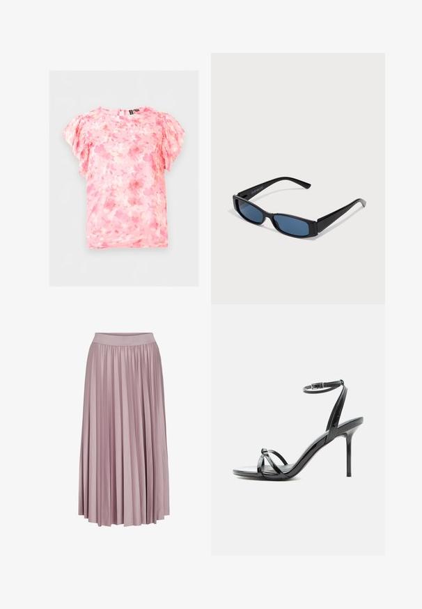 Blusa rosa con flores, de manga corta con volantes en las mangas, escote redondo y cierre con botón y abertura en la parte trasera.; Falda larga con pliegues en suave tela rosa, que presenta una cintura elástica. La textura suave y el diseño fluido realzan su forma general.; Sandalia de tacón alto de charol negro con tiras finas que cruzan los dedos y una correa con hebilla en el tobillo sobre un fondo blanco.; Gafas de sol negras con una elegante montura rectangular y lentes azules. Presentan una textura suave y varillas resistentes. Logo de la marca en el costado.