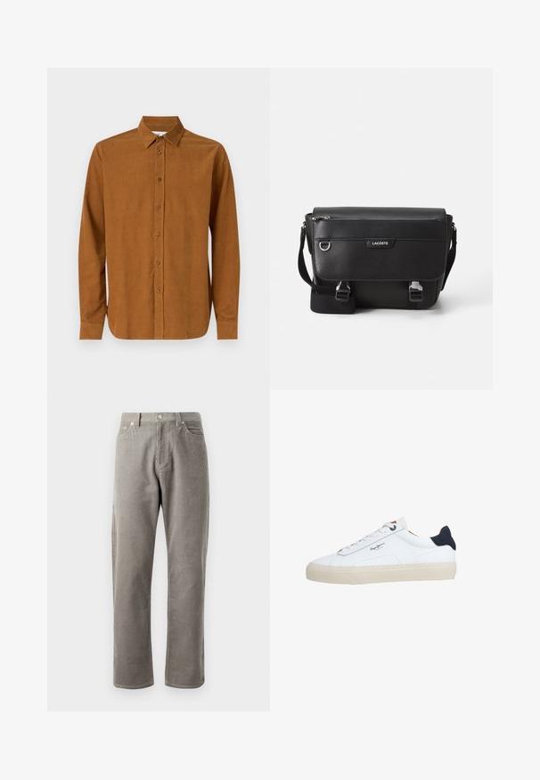 Bruine overhemden met lange mouwen van glad materiaal, voorzien van een klassieke kraag en zeven knopen aan de voorkant, met rechte manchetten.; Grijze corduroy broek met rechte pijpen, voorzien van een hoge tailleband, voorkoeken en een subtiele verticale ribbelstructuur.; Witte lage sneaker met een beige zool, witte veters, zwarte hielstrook en het logo "Pepe Jeans London" aan de zijkant.; Zwarte textuur Lacoste schoudertas met verstelbare strap, voormep flap, ritszak en metalen gesp-sluiting.