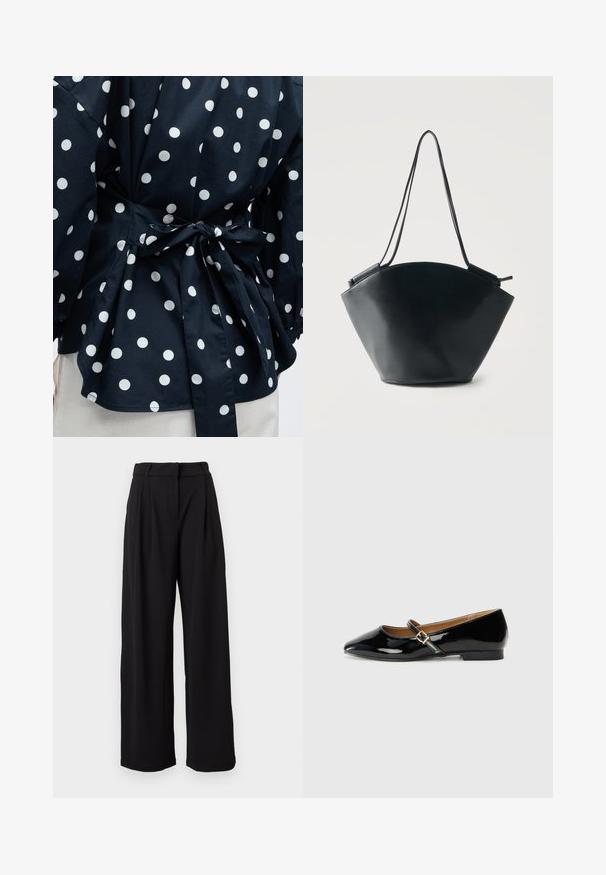 Close-up van een zwart kledingstuk met witte polkadots, vastgebonden in de taille met een strik, waarbij een deel van de mouwen en de onderzoom zichtbaar is.; Zwarte wijde broek met hoge taille, riemlussen en een ritssluiting aan de voorkant, getoond tegen een witte achtergrond.; Zwarte patenten leren ballerina met een spitse neus, enkelband met een goudkleurige gesp en een lage blokhak. Glad, glanzend oppervlak.; Zwarte leren bucketbag met brede afgeronde bodem en smalle dubbele schouderbanden tegen een effen lichte achtergrond.