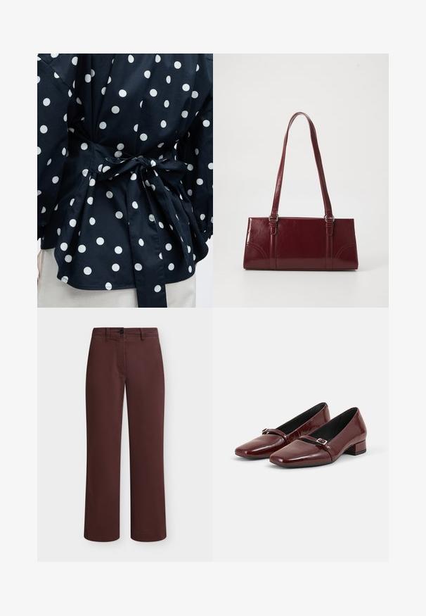 Gros plan d'un vêtement noir à pois blancs noué à la taille avec un nœud, montrant une partie des manches et de l'ourlet inférieur.; Pantalon marron à jambe droite avec bouton et fermeture éclair à l'avant, passants de ceinture et poches latérales, présenté sur fond blanc uni.; Paire de chaussures brillantes rouge foncé à petits talons avec une petite bride à boucle sur le dessus, posées sur un fond gris clair uni.; Sac à main bordeaux en matériau brillant, de forme rectangulaire, avec deux anses et des accents légèrement courbés à l'avant.