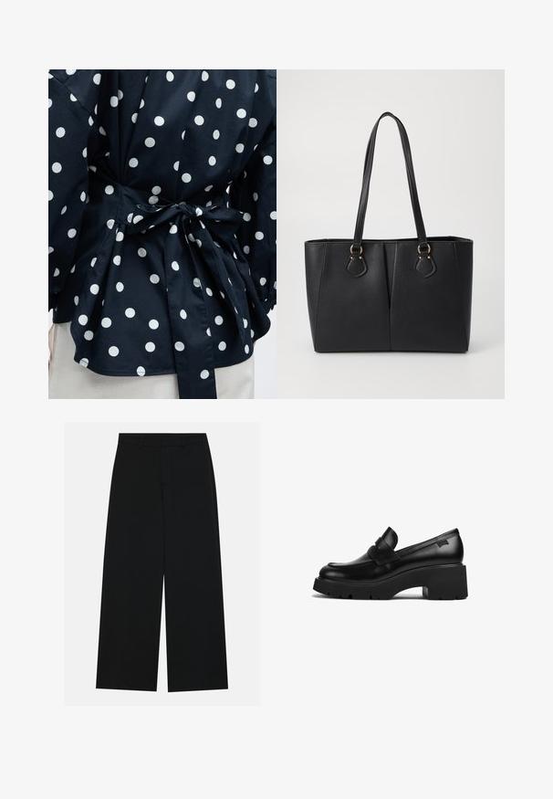 Gros plan d'un vêtement noir à pois blancs noué à la taille avec un nœud, montrant une partie des manches et de l'ourlet inférieur.; Pantalons noirs à jambe large en tissu lisse. Dotés d'une taille plate avec passants de ceinture et sans poches visibles. Design simple.; Mocassin noir en cuir avec un talon épais, une semelle épaisse et un détail en sangle sur le dessus, présenté de côté sur un fond blanc.; Sac fourre-tout noir en simili cuir avec une finition texturée, deux longues poignées et des accents en métal doré sur le côté. Shape rectangulaire.