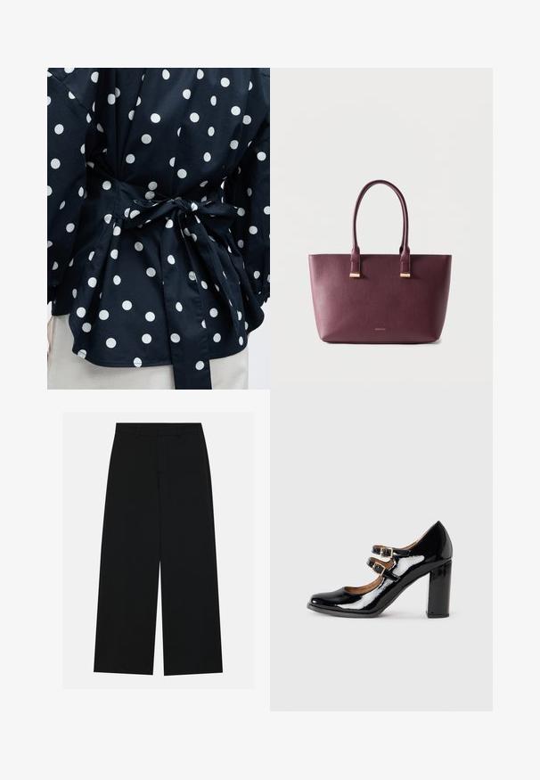 Close-up van een zwart kledingstuk met witte polkadots, vastgebonden in de taille met een strik, waarbij een deel van de mouwen en de onderzoom zichtbaar is.; Zwart, wijde broek van een gladde stof. Heeft een plat tailleband met riemlussen en geen zichtbare zakken. Eenvoudig ontwerp.; Zwarte gepatineerde leren Mary Jane-schoen met twee gespen en een chunky hoge hak, weergegeven in zijaanzicht op een effen achtergrond.; Donkerpaarse leren shopper met twee handvatten en klein gouden merkembleem aan de voorkant, afgebeeld tegen een effen lichte achtergrond.