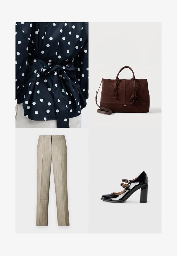 Close-up van een zwart kledingstuk met witte polkadots, vastgebonden in de taille met een strik, waarbij een deel van de mouwen en de onderzoom zichtbaar is.; Beige pantalon met krijtstrepen en een rechte pijp, voorzien van een gestructureerde tailleband en een subtiele textuur in de stof.; Zwarte gepatineerde leren Mary Jane-schoen met twee gespen en een chunky hoge hak, weergegeven in zijaanzicht op een effen achtergrond.; Donkerbruine suède handtas met dubbele hengsels, afneembare schouderband, gestikte details en decoratieve leren kwastjes op een witte achtergrond.
