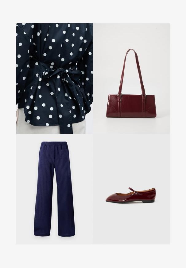 Gros plan d'un vêtement noir à pois blancs noué à la taille avec un nœud, montrant une partie des manches et de l'ourlet inférieur.; Pantalons larges bleu marine avec une finition texturée, une ceinture élastique et deux poches arrière. Fabriqués en tissu léger et respirant.; Ballerines en vernis bourgogne avec un bout pointu et une fine bride de cheville dotée d'une petite boucle. Semelle plate avec une finition lisse.; Sac à main bordeaux en matériau brillant, de forme rectangulaire, avec deux anses et des accents légèrement courbés à l'avant.