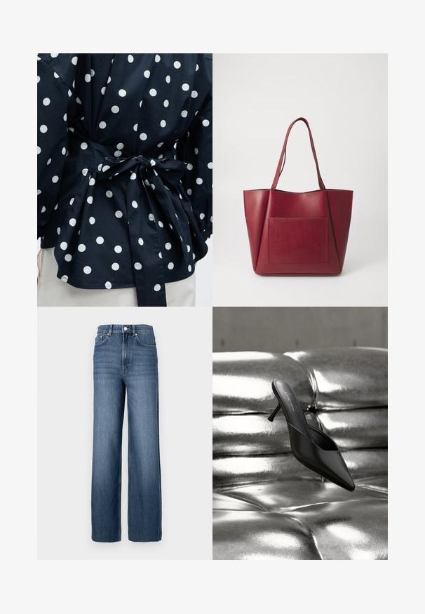 Close-up af et sort stykke tøj med hvide polkaprikker bundet i taljen med en sløjfe, der viser dele af ærmerne og den nederste kant.; Blå denimjeans med høj talje og vidde ben. Har et klassisk fem-lomme design og metal knapdetaljer.; Sort mule med spids tå og slank hæl placeret på en skinnende, metallisk sølv polstret overflade.; Rød læder taske med to lange håndtag, der har en frontlomme. Glat tekstur og struktureret design med vinklede sider.