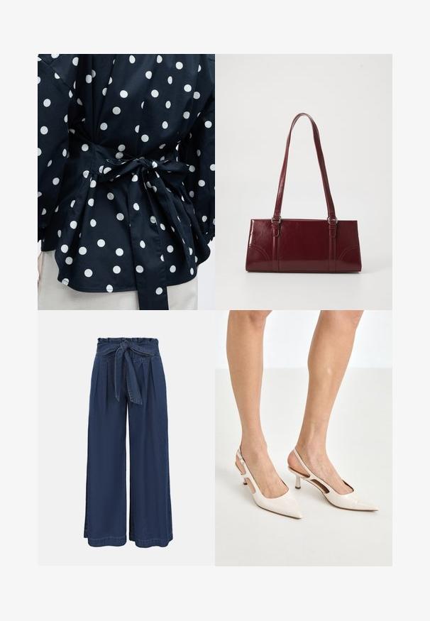 Gros plan d'un vêtement noir à pois blancs noué à la taille avec un nœud, montrant une partie des manches et de l'ourlet inférieur.; Pantalon bleu marine taille haute à jambes larges, avec un devant plissé et une ceinture en tissu nouée à la taille.; Escarpins à talon slingback en cuir verni beige avec un bout pointu et un talon de 5 cm, présentant des côtés découpés et une fine bride à la cheville.; Sac à main bordeaux en matériau brillant, de forme rectangulaire, avec deux anses et des accents légèrement courbés à l'avant.