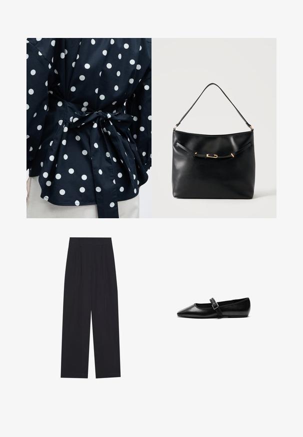 Primer plano de una prenda negra con lunares blancos atada en la cintura con un lazo, mostrando parte de las mangas y el dobladillo inferior.; Pantalones anchos negros de tela suave, con pliegues, cinturilla plana y sin bolsillos ni adornos visibles.; Zapato plano negro de cuero con punta afilada, correa ajustable con hebilla de metal, textura suave y diseño minimalista.; Bolso de hombro de cuero negro con una sola correa y un pequeño detalle de hebilla dorada en la parte delantera sobre un fondo claro y liso.