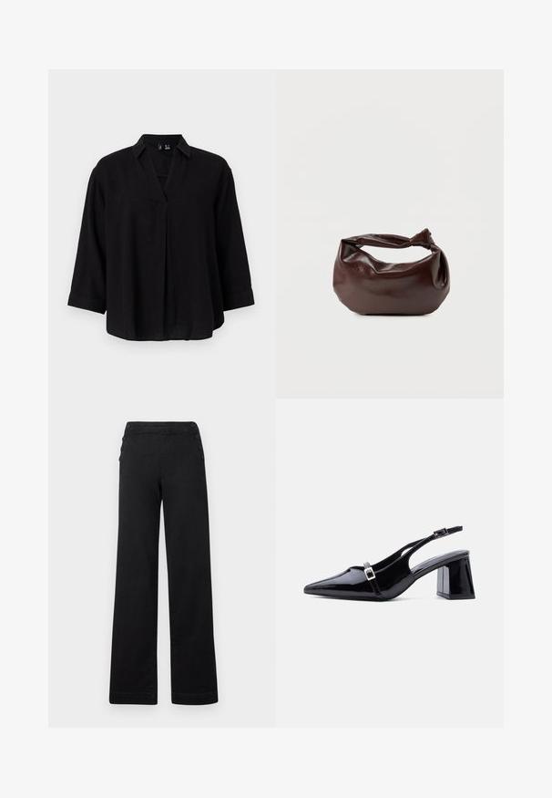 Sort linned bluse med krave, ¾ ærmer og frontplissédetaljer. Blød tekstur og afslappet pasform.; Sorte brede bukser med høj talje, knapdetaljer på siderne og en glat denimtekstur med en ren finish.; Sort laklæder slingback-hæl med spids tå, lav blokhæl og to små sølvspænder på stropperne.; Mørkebrun læder skuldertaske med en blød, afslappet form og et snoet knudehåndtag på en ensartet hvid baggrund.
