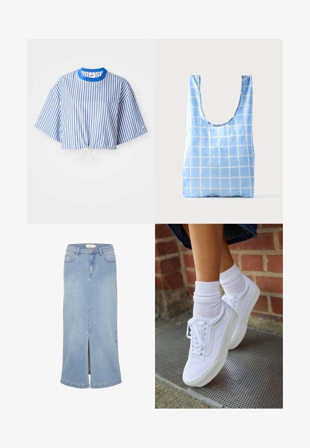 Afskåret skjorte med blå og hvide lodrette striber, korte brede ærmer og snøre i taljen. Har en blå rund halsudskæring.; Lys blå denim midi-nederdel med en frontslids, lige snit, klassisk fem-lomme design og en falmet finish. Har hvidt mærke.; Hvide lærreds sneakers med gummisåler, der har seks snørehuller, rund tå og let sømdetaljer, krydret med hvide ankelstrømper.; Blå genanvendelig indkøbsnet med hvidt gittermønster, stående oprejst på en ensfarvet lys baggrund.