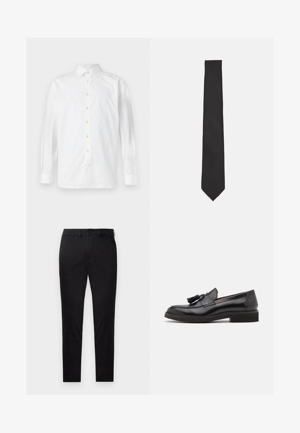 Weißes langärmeliges Hemd mit Knopfleiste, verbreitetem Kragen und geknöpften Manschetten, auf weißem Hintergrund dargestellt.; Schwarze Slim-Fit-Hose mit Knopf- und Reißverschluss, Gürtelschlaufen und ohne sichtbare Taschen, gezeigt vor weißem Hintergrund.; Schwarze Lederl der mit Quastendetail, abgerundetem Zeh und strukturiertem Absatz. Verfügt über eine glatte Oberfläche und ein minimalistisches Design.; Schwarze Krawatte mit glatter Textur, schlankem Design und spitzem Ende. Keine Muster oder Akzente sichtbar, vor einem einfarbigen weißen Hintergrund.