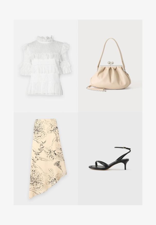 Blouse en dentelle blanche avec des manches courtes à volants, un col montant et des détails à volants superposés. Motif floral texturé sur l'ensemble.; Jupe beige asymétrique avec dessins de lignes florales noires présentant de grandes fleurs et des feuilles.; Sandale pour femme en cuir noir avec fines lanières, une boucle d'orteil, une boucle à la cheville et un talon aiguille de hauteur moyenne sur un fond neutre.; Sac à main en cuir souple beige avec un fermoir en métal argenté, une bandoulière simple et une bandoulière chaîne optionnelle sur fond blanc.