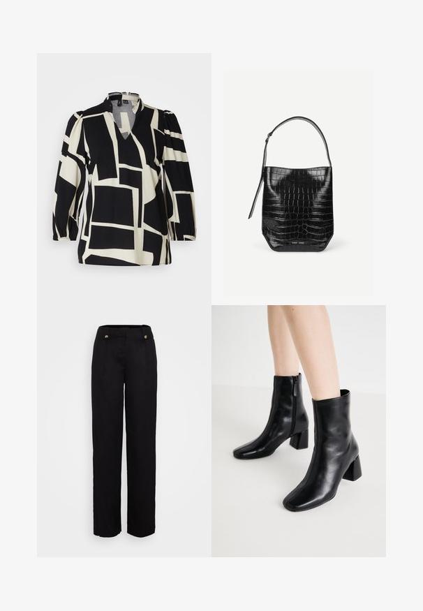 Blouse noire et crème avec un motif de blocs géométriques, décolleté en V profond et manches bouffantes, en tissu léger.; Pantalons larges noirs en tissu lisse. Présentent deux boutons à l'avant et une taille haute. Des plis subtils renforcent la structure.; ONLY SHOES ONLBRIELLE - Boots à talons - black; Sac seau en cuir embossé noir façon croco avec une seule bandoulière et un petit logo argenté de la marque au centre en bas à l'avant.